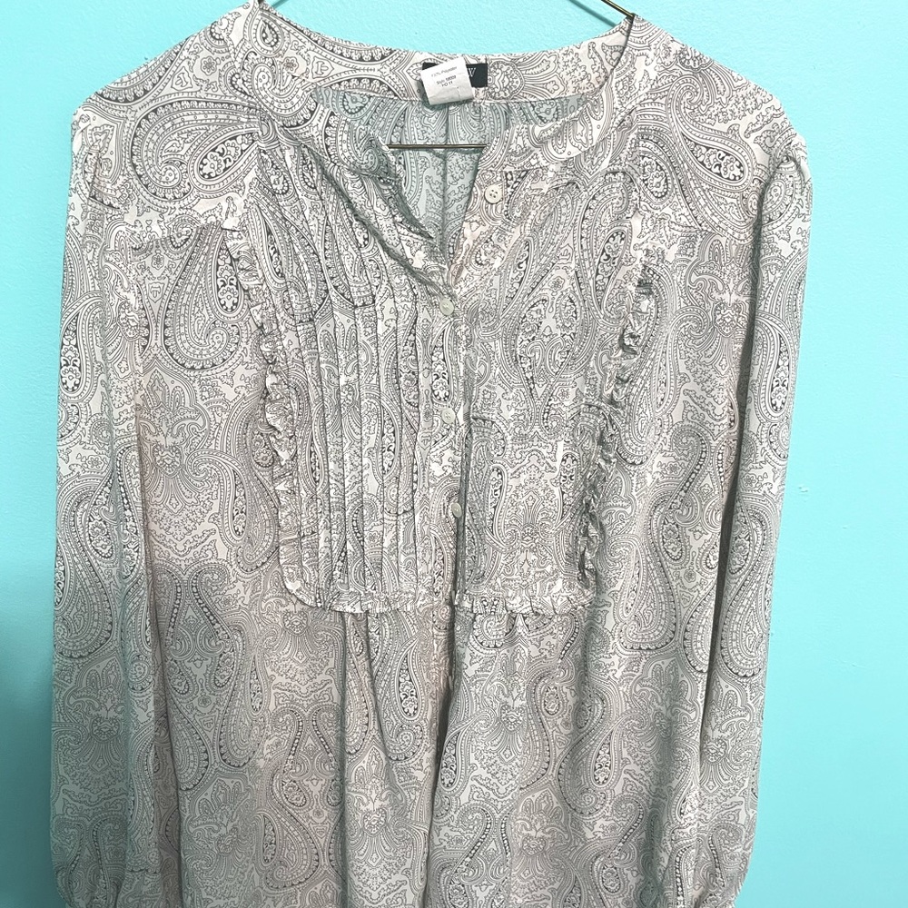 J crew paisley print grey and white blouse
